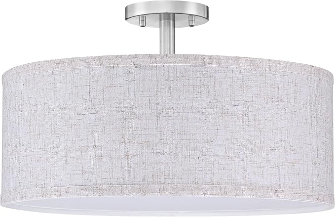 LED 24W Adjustable 3000/4000/5000K 20 Inch Drum Lenin Fabric Brushed Nickel Semi Flush Mount Close to Ceiling Light Fixture for Bedroom,Living Room,Dining Room Hallway