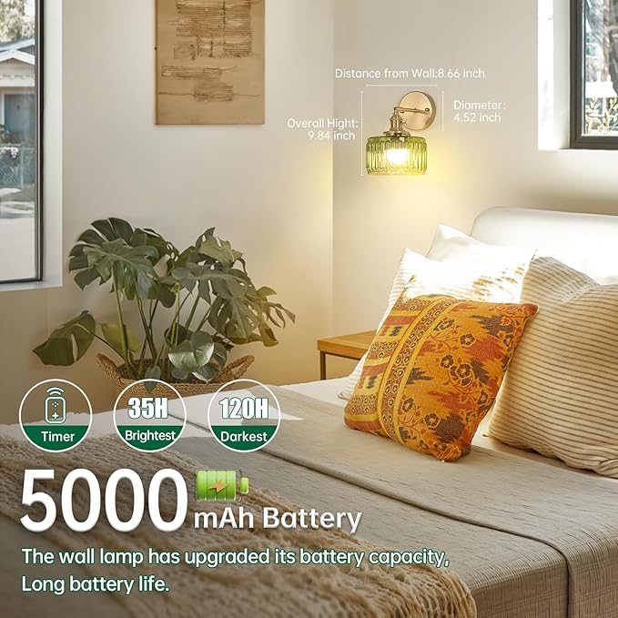 Vintage Battery Operated Wall Sconce with Green Striped Glass Lampshade 5000 mAh Rechargeable Battery Powered Wall Light with Remote Control for Bedside Bedroom Doorway