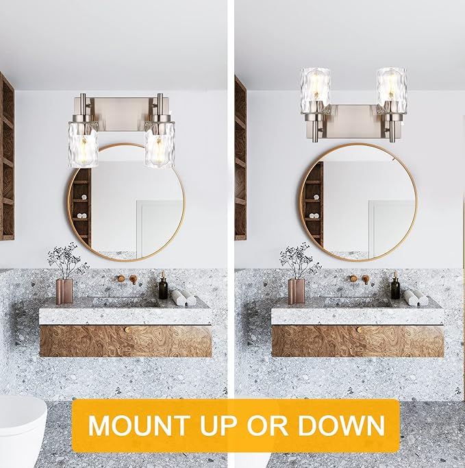 BONLICHT Bathroom Light Fixtures Modern 2 Light Brushed Nickel Vanity Light Wall Sconces Contemporary Metal Wall Lights with Clear Water Glass Shade,Industrial Farmhouse Porch Hallway Wall Mount Lamp