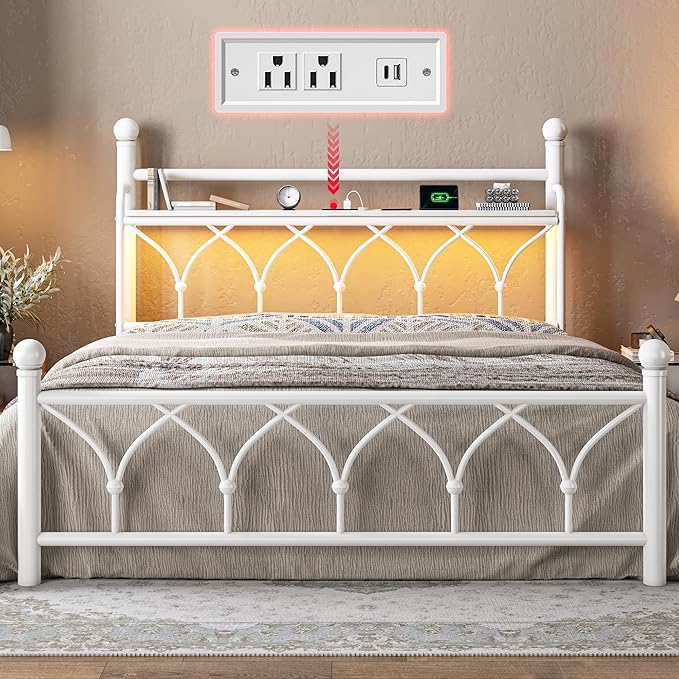EnHomee Full Bed Frame with Headboard, Metal Full Size Bed Frame with Storage, LED Lights,Power Outlets, Sturdy & Easy Assembly, Noise-Free, No Box Spring Needed,White