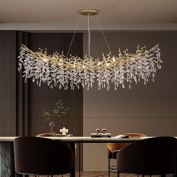 Modern Crystal Chandelier for Dining Room, 16-Light 63" Gold Tree Branch Chandeliers, Luxury K9 Crystal Rectangular Chandeliers for Kitchen Island Living Room