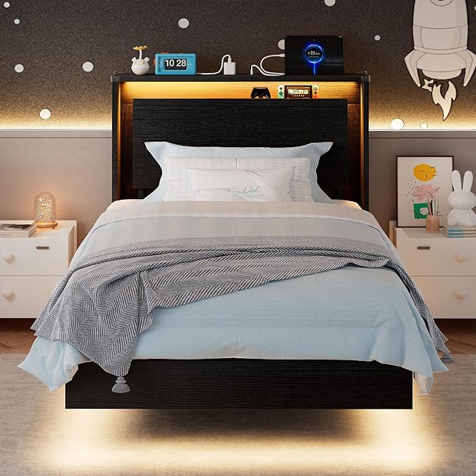 Twin Bed Frames with LED Lights and Charging Station - Wood Floating Bed Frame with Storage Headboard, Adhesive Slats, Kick-Free & Noise-Free Design, Easy Assembly, Black