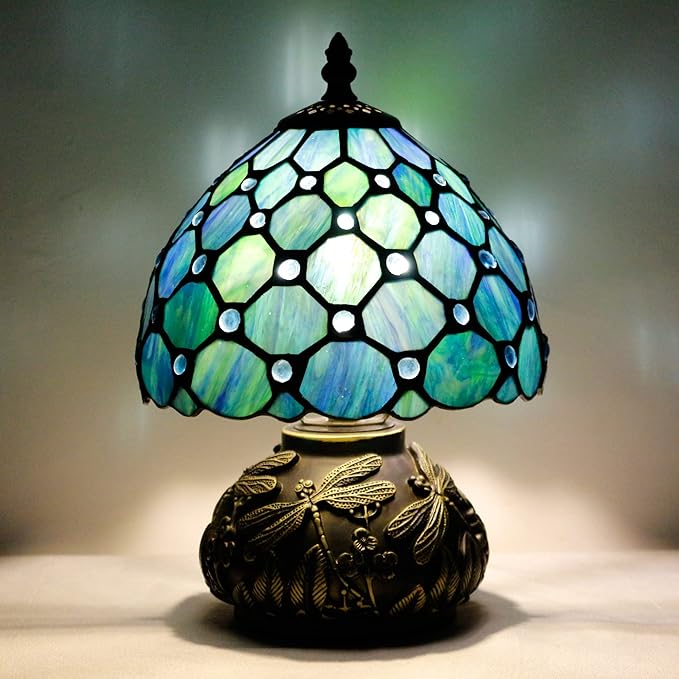 Small Tiffany Table Lamp Stained Glass Desk Lamp 8X8X11 Inch Accent Antique Light (Sea Blue Pearl)