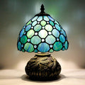 Small Tiffany Table Lamp Stained Glass Desk Lamp 8X8X11 Inch Accent Antique Light (Sea Blue Pearl)