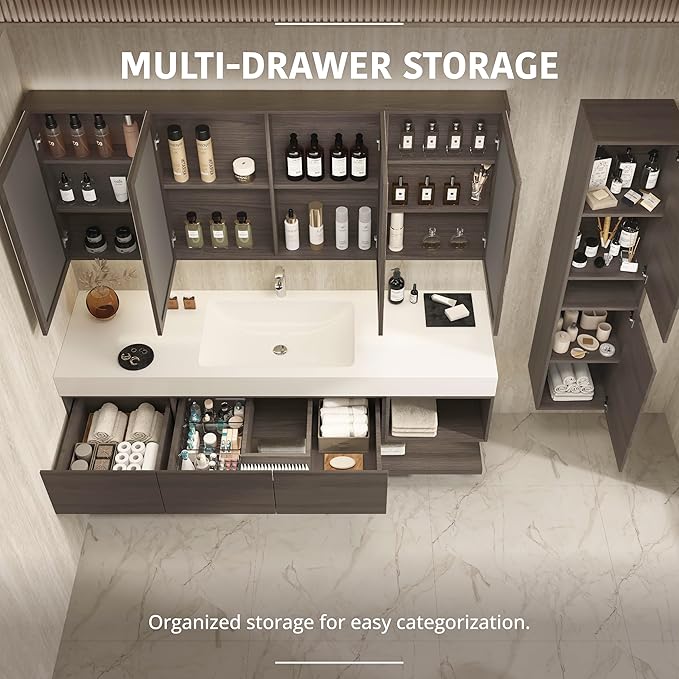 60" Modern Floating Bathroom Vanity Set with Sink, Side Cabinet, LED Smart Mirror Cabinet, 3 Soft-Close Drawers & Open Storage Shelves, Grey Oak