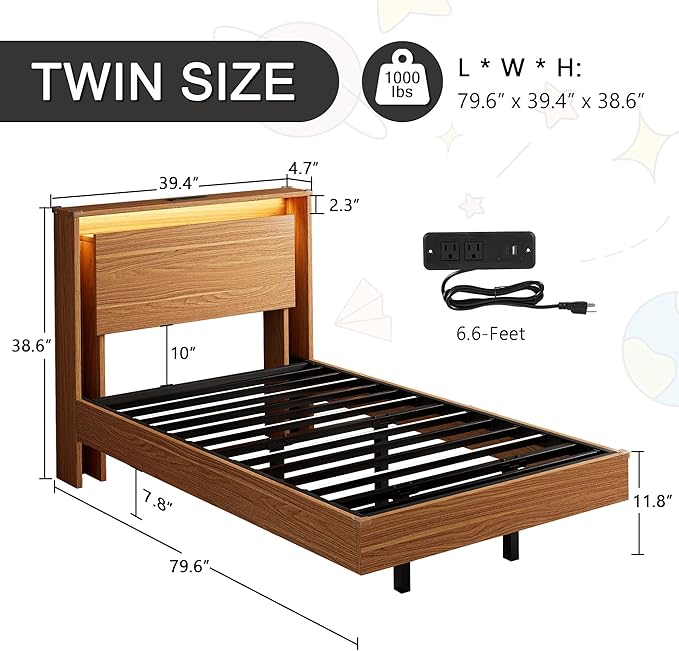 Twin Bed Frame with Storage Headboard & LED Lights – Wood Floating Bed Frame with Charging Station, Non-Slip Slat, Kick-Free & Noise-Free Design, Easy Assembly, Walnut