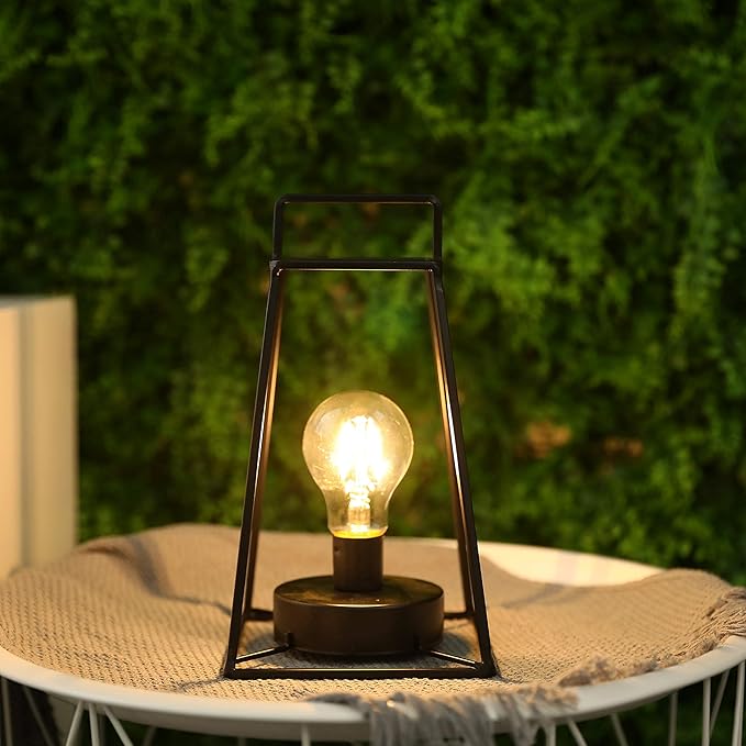 JHY DESIGN Retro Style Geometric Table Lamp 10''High Simple Iron Art Cordless Lamp Battery Powered Lamp with 6-Hours Timer Feature Cage Wireless Light for Balcony Party Indoor Outdoor(Short, Black)