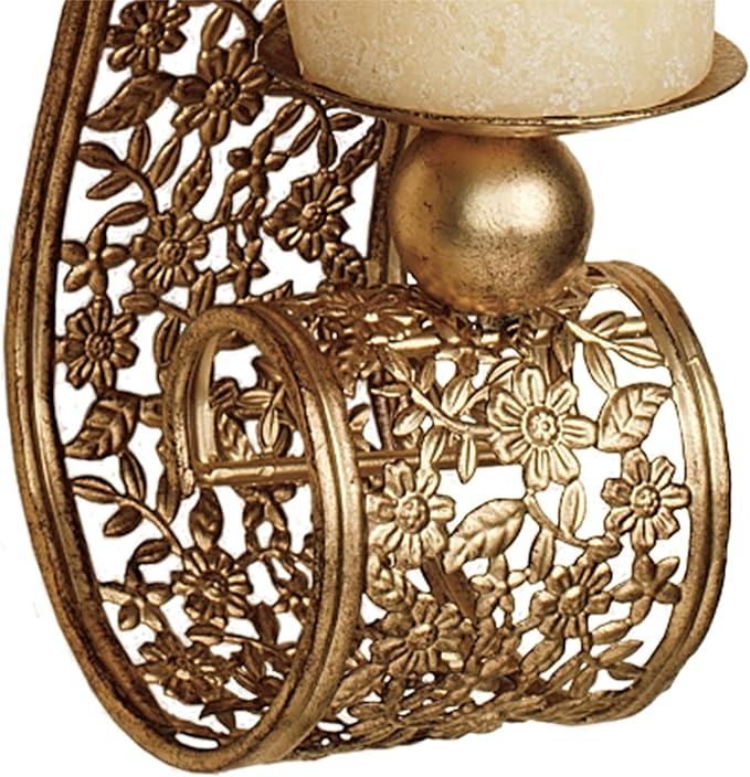 Touch of Class Classic Elegant Scrolling Diandre Metal Wall Sconce Pair - Finished in Antique Gold - Candle Pair Decor - Set of Two - Floral Vine - 16 Inches High