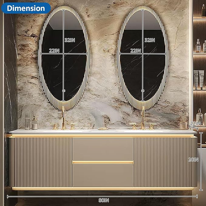Double Sink Bathroom Vanity - 2 Smart LED Defog Mirror | Ambient Lighting & Striped Door Panel & Multilayer Wood Board, Floating Freestanding Bathroom Vanity (80'')