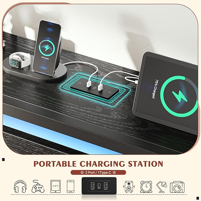 Full Size Bed Frame with LED Lights & Charging Station, Bed Frame Full with Storage Headboard,13" Under Bed Storage, No Box Spring Needed,No Noise, Easy Assembly,Modern Black