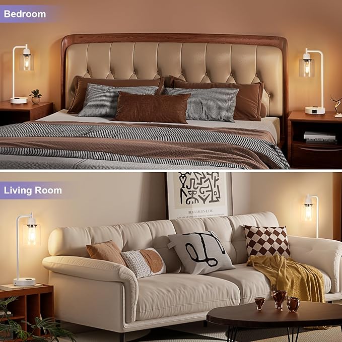 Innqoo Industrial White Table Lamps for Bedrooms Set of 2-3-Way Dimmable Desk Lamp with USB C+A Ports and Outlet, White Lamps with Clear Glass Shade for Living Room