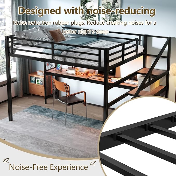 Bellemave Queen Loft Bed with Desk & Storage Stairs, Metal Queen Size Loft Bed Frame with Iron Nets, LED Lights & USB Ports, Heavy Duty Adult LoftBed for Bedroom, Noise-Free, Black