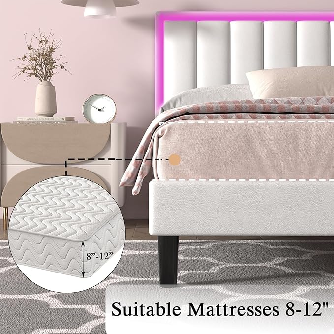 Queen Bed Frame, Bed Frame Queen Size with LED Lights, Upholstered Queen Bed Frames with Headboard, Heavy Duty Wood Slats Support, Noise-Free, No Box Spring Needed, Easy Assembly, White