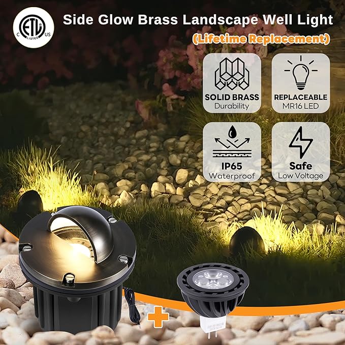 Gardenreet Beacon Top Well Light - Brass Weatherproof In Ground Lighting, LED Low Voltage 12V Directional Beacon Top Fixture, Antique Bronze for Floor Wall Deck with 2700K Warm White MR16 Bulb