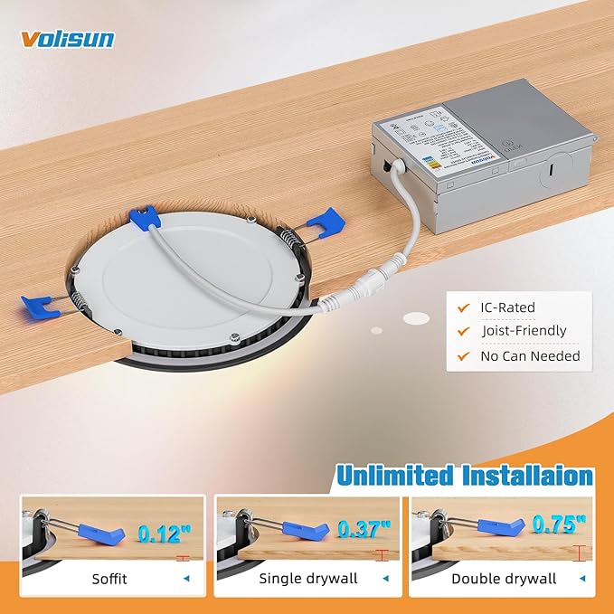 VOLISUN 24 Pack 4 inch Recessed Lighting, 5CCT LED Recessed Light Black, 2700K-5000K Selectable, 9.5W Eqv 80W, 810LM Dimmable Canless Wafer Downlight, LED Ceiling Light ETL Certificated