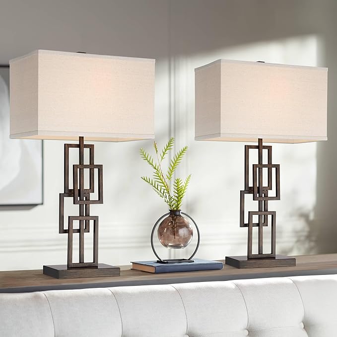 360 Lighting Kory Modern Industrial Table Lamps 26 1/2" Tall Set of 2 Dark Bronze Metal Sculptural Stacked Geometric Rectangular Shade for Bedroom Living Room House Home Bedside Nightstand Entryway
