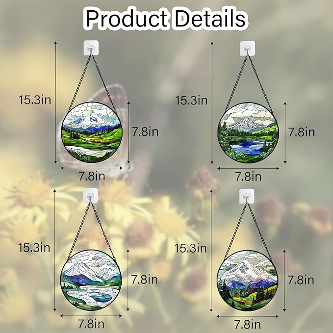 Stained Glass Window Hanging 4 Pcs Set Mountains Lake Green White Landscape 7.8" - Suncatcher Door Garden Sun Catcher Decor Birthday Christmas for Mom Woman Nana Men