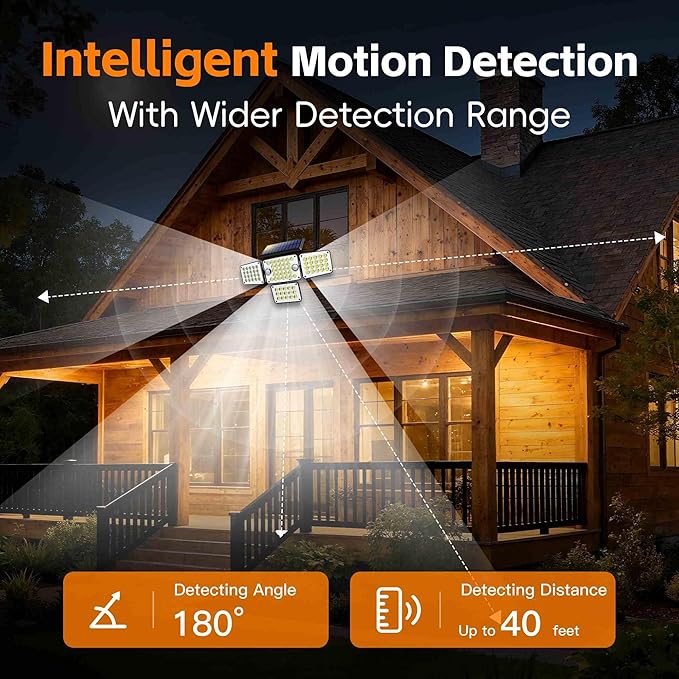 Solar Lights Outdoor 336 LED, Motion Sensor Security Wall Light with Remote, Split 4-Head Adjustable Design, 2400mAh Battery, Waterproof IP65 Garage, Driveway, Garden, Courtyard Lighting（1Pack