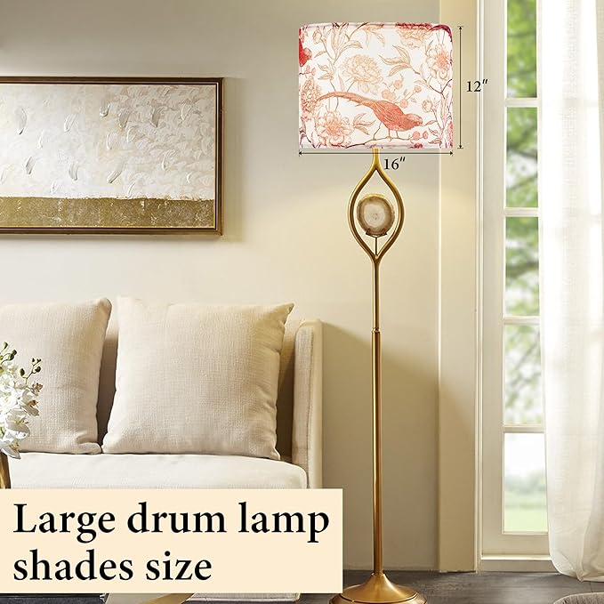 GO&SO 1 Pack Floral Bird Large Drum Lamp Shade,1.65"Spider E27 Base,16" x16" x12",Printed Pattern Design,DIY Assembly with Multi-Adapter (E26/E14/10mm),Ideal for Floor/Table Lamps/Pendant Lighting