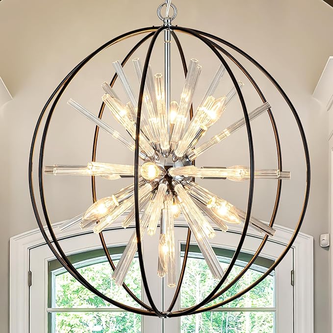 Vezzio Modern Black Chandelier for Dining Room 10-Light Mid Century Globe Crystal Chandeliers for Kitchen Industrial Light Fixture for Entryway Foyer Hallway Stairs, 22"