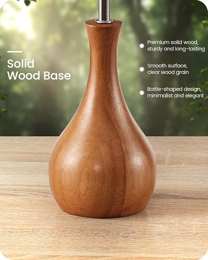 Wood Table Lamps Set of 2, Small Bedside Lamp with Beige Linen Lampshade & Dark Natural Wood Base, 14.2" Modern Cute Desk Lamp for Small Space, E26 Base, Bulb Not Included, LE09TLP205