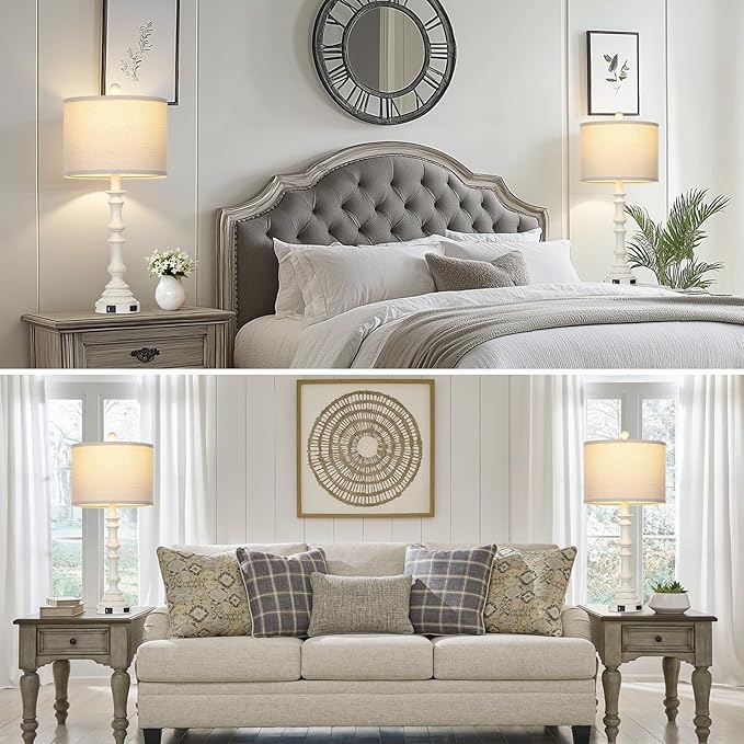 27.5" Tall Table Lamp for Living Room Set of 2, Vintage Farmhouse Table Lamps with USB C+A Ports, 3-Way Dimmable Touch Bedside Lamps, Tradition Bedroom Lamps for Nightstand Side End Table Desk, White