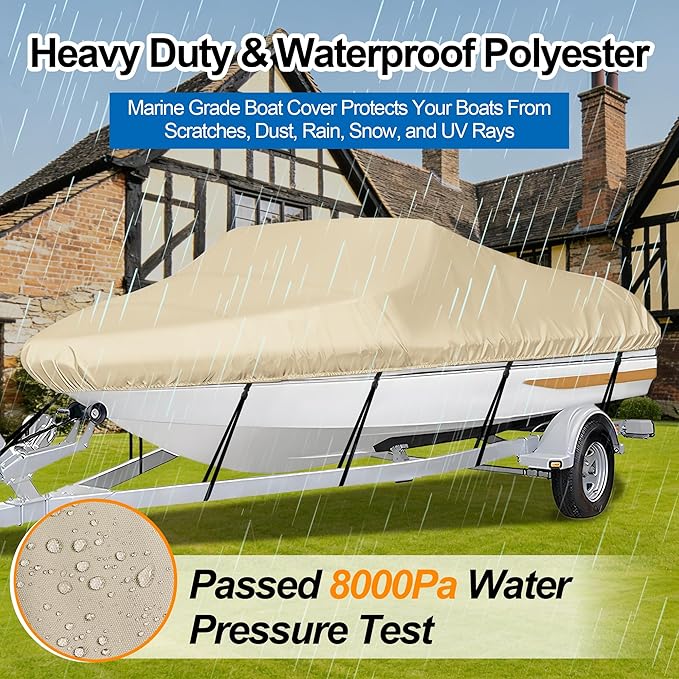 iCOVER Trailerable Boat Cover- 14'-16' Heavy Duty Waterproof Tarp Covers, Fits V-Hull, Fish&Ski, Pro-Style, Fishing, Runabout, Bass Boats, up to 14ft-16ft Long and 68" Wide