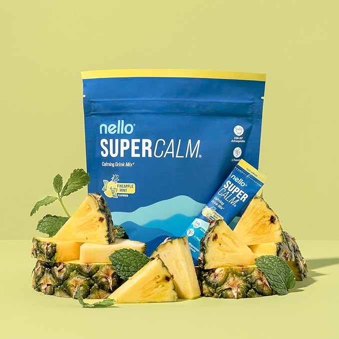 Nello Supercalm Powdered Drink Mix, Cortisol Reducer* and Sleep Aid Supplement, L Theanine, Ksm-66 Ashwagandha, Magnesium Glycinate, Vitamin D 3, No Sugar, Non GMO, On The Go, 20 Ct, Pineapple Mint