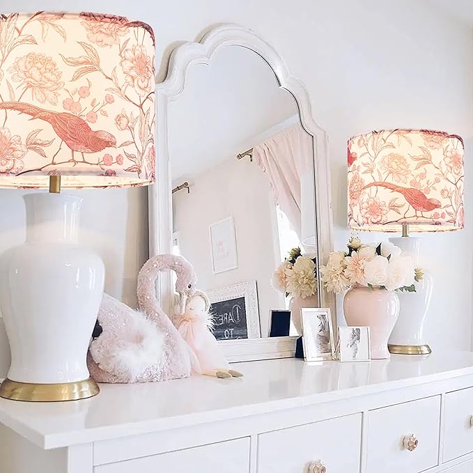 GOSO 2pcs Medium Lampshade Polyester Printing Flowers and Birds Drum Lamp Shade For TableLamp,Floor Lamps,Wall Hanging,Diy Pendant Light,Spider Fitter 13"Top x 13"Bottom x 10"High,Assembly Required