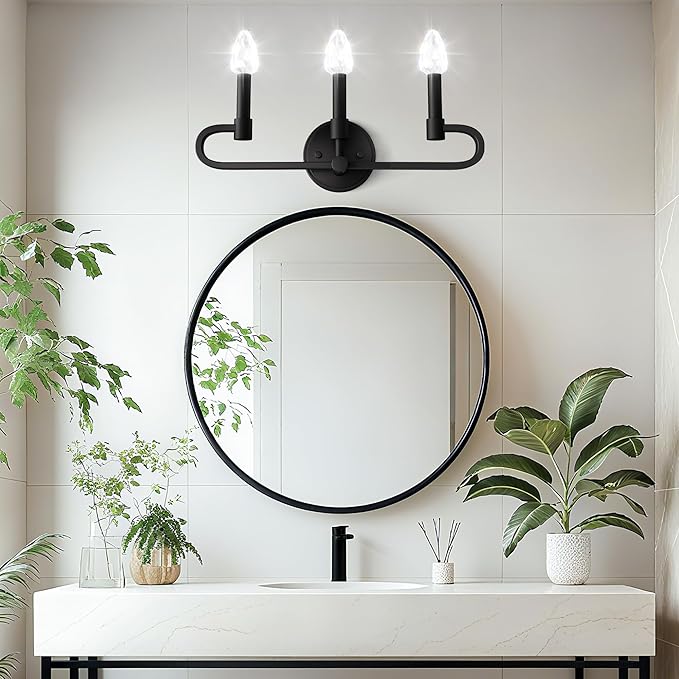 Bathroom Vanity Light, 3 Light Matte Black Vanity Lights with Crystal Bulbs, Crystal Bathrooms Wall Sconces, Bathroom Lighting Fixtures Over Mirror for Living Room Hallway (Includes Bulbs)
