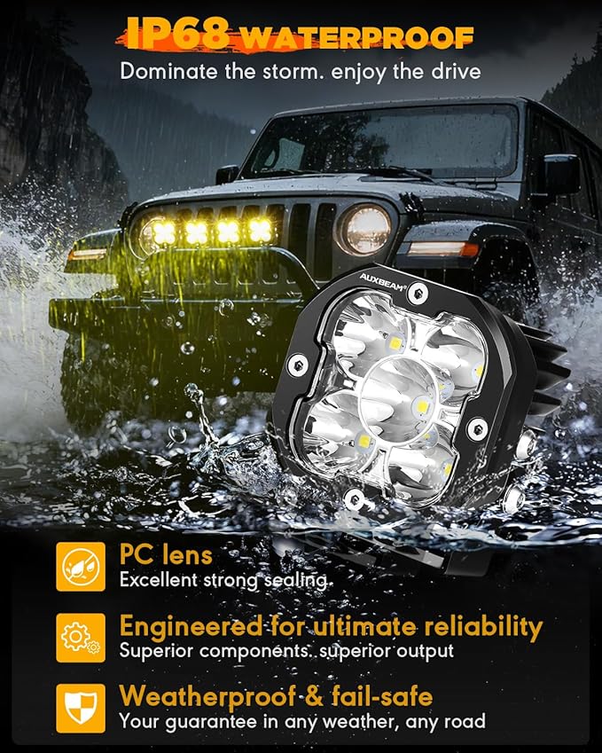 Auxbeam XP-Ultra Series 3 Inch LED Pods 80W 9600LM Offroad Driving Lights White Spot & Amber Combo Beam Ditch Light Bar Auxiliary Lights for Jeep Truck ATV UTV, Pair