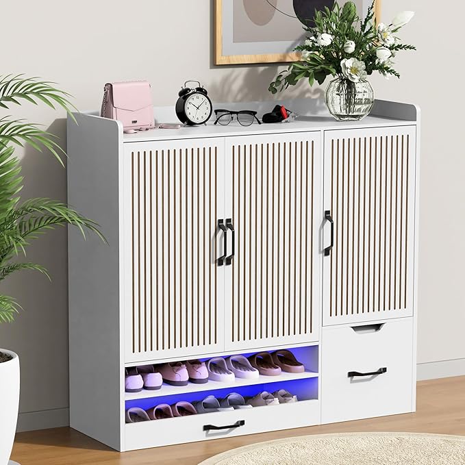 Shoes Storage Cabinet with 3 Doors,Fluted Shoe Cabinet with LED Light,Hidden Shoe Bench with Storage Freestanding Shoe Organizer Cabinet for Entryway,Hallway