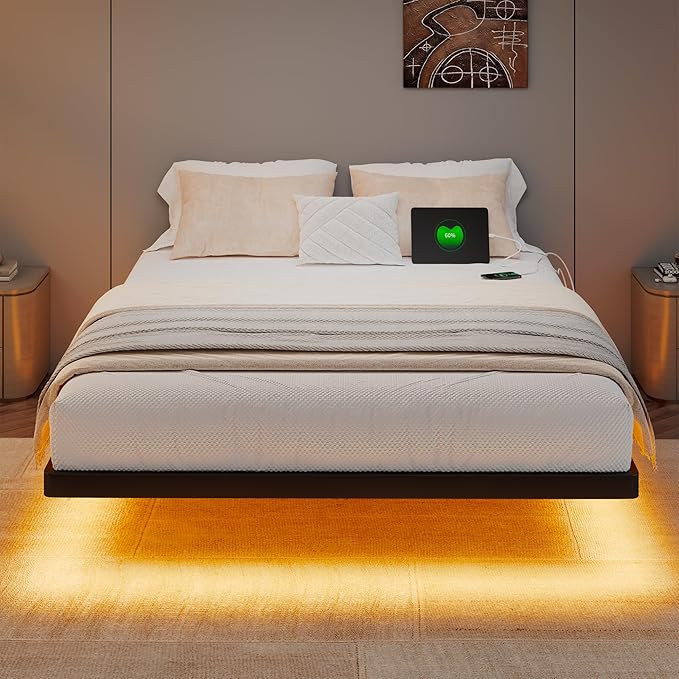 Full Size Floating Bed Frame with LED Lights and Charging Station, Metal Platform Bed Frame with Heavy Duty Steel Slats Support, Noise-Free, No Box Spring Needed, Easy Assembly
