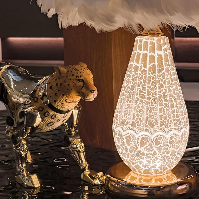Feather Table Lamp with Cracked Ice Glass Bottle & Gold Base, 2 Separate Lights with Independent On/Off Control, 3-Color Mode Bedside Office Lamp (White)