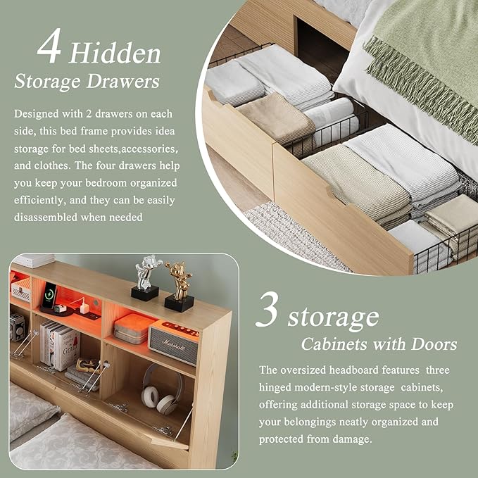 Queen Size Bed Frame with Storage Drawers, Bed Frame Queen Size with 48" Tall Storage Headboard and Charging Station, Platform Bed with LED Lights, No Box Spring Needed, Easy Assembly, Natural Oak