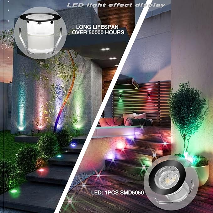 Low Voltage LED Deck Light Kit Multi-Color RGB Waterproof Recessed Wood Decking Stairs Garden Yard Patio Decor Lamp Black Border Outdoor LED Landscape Lighting (10pcs)