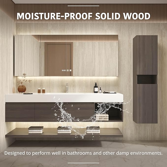60" Modern Floating Bathroom Vanity Set with Sink, Side Cabinet, LED Smart Mirror Cabinet, 3 Soft-Close Drawers & Open Storage Shelves, Grey Oak