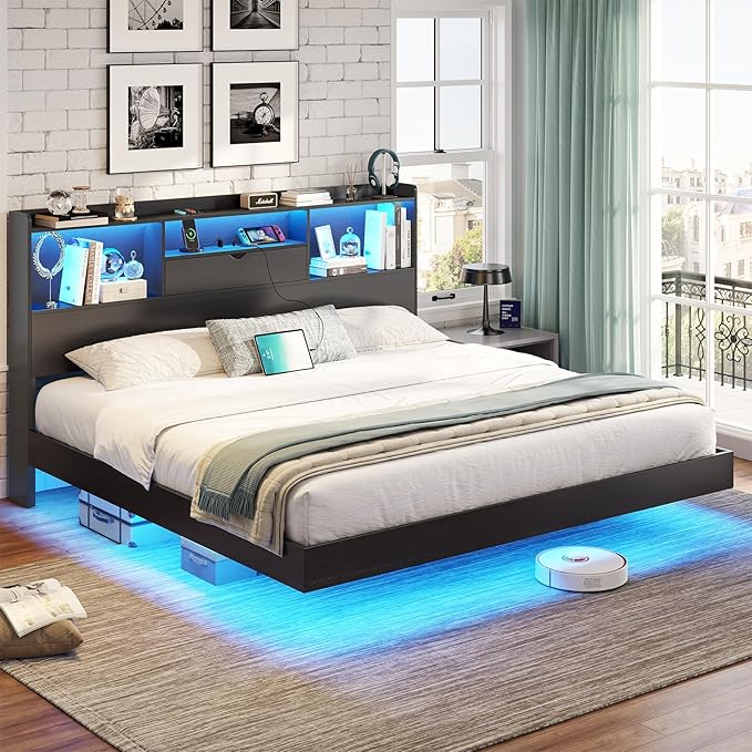 DICTAC King Floating Bed Frame with LED Lights and Storage Headboard, Visual Floating Bed with Charing Station, King Size Metal Platform Bed with Stable Structure, No Box Spring Need, Easy Assembly