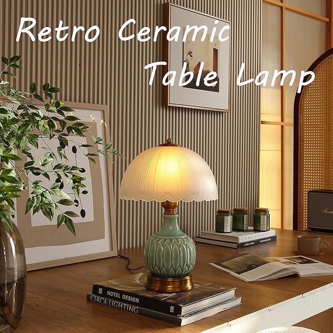 Vintage Lamp for Living Room,16" Modern Ceramic Table Lamps for Bedroom,Retro Bedside Nightstand Traditional Lamps, Classic Chinoiserie Green Lamp for Home Decor (LD002)