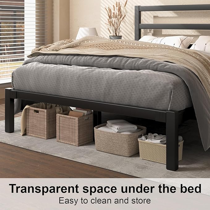 Queen Size Bed Frame, Metal Platform Bed Frame with Headboard and Footboard, Underbed Storage Space, No Box Spring Needed, Easy Assembly,Black
