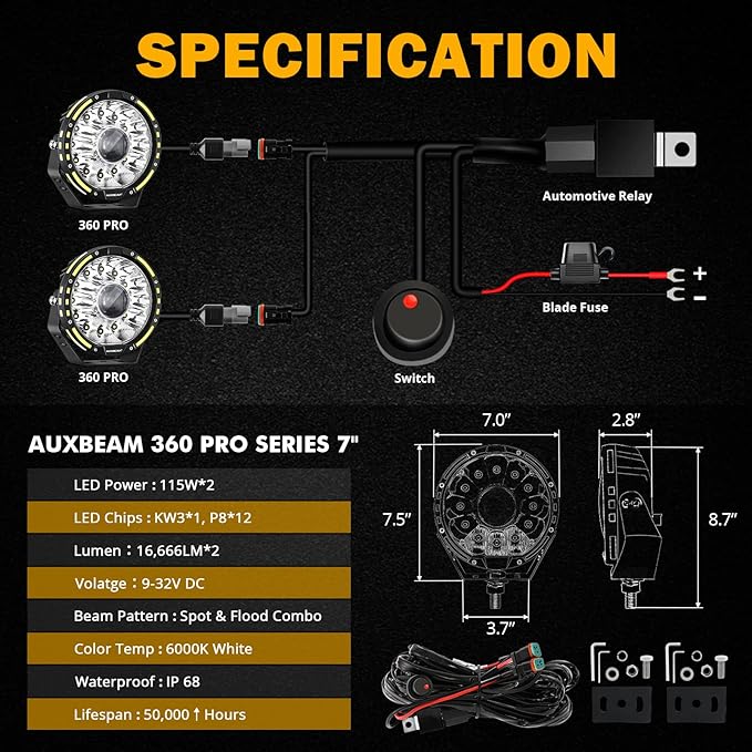 Auxbeam 360-PRO Series 7 Inch Round LED Offroad Lights, 230W 33332LM Driving Automotive Light Bar Projector Spotlight, Spot Flood Combo Auxiliary LED Pods Off-Road Lighting