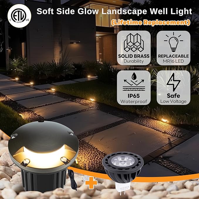Gardenreet Low Voltage Landscape Well Lighting - Brass In-Ground Ip65 Hardwired Replaceable Bulb Light, 12V LED Fixture, Antique Bronze for Path Floor Patio with 5000K Daylight White MR16 Bulb