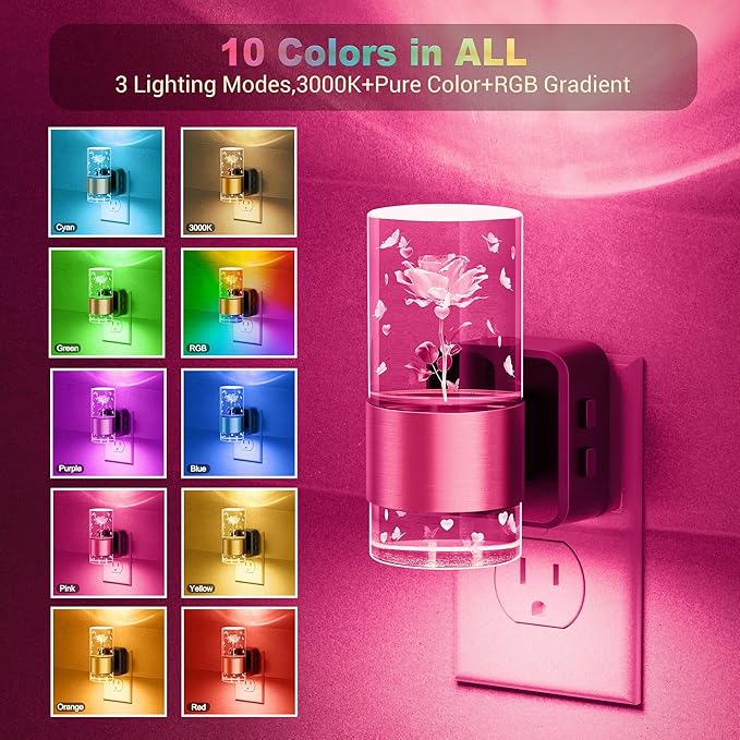 JandCase Night Lights Plug into Wall,2 Pack Rose Carved Night Light for Girls, 3000K+RGB 10-Color LED Nightlight with Dusk to Dawn Sensor, 10/50/100LM Adjustable Brightness for Birthday Home Decor