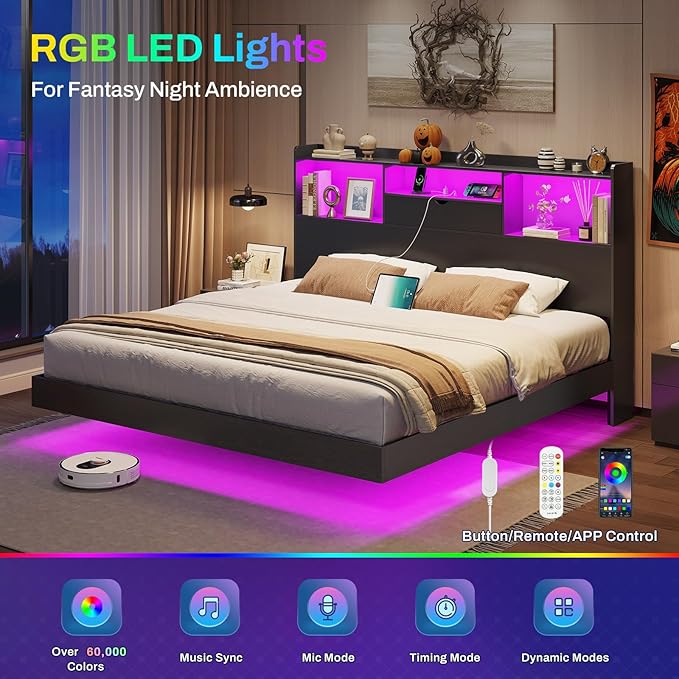 DICTAC King Floating Bed Frame with LED Lights and Storage Headboard, Visual Floating Bed with Charing Station, King Size Metal Platform Bed with Stable Structure, No Box Spring Need, Easy Assembly