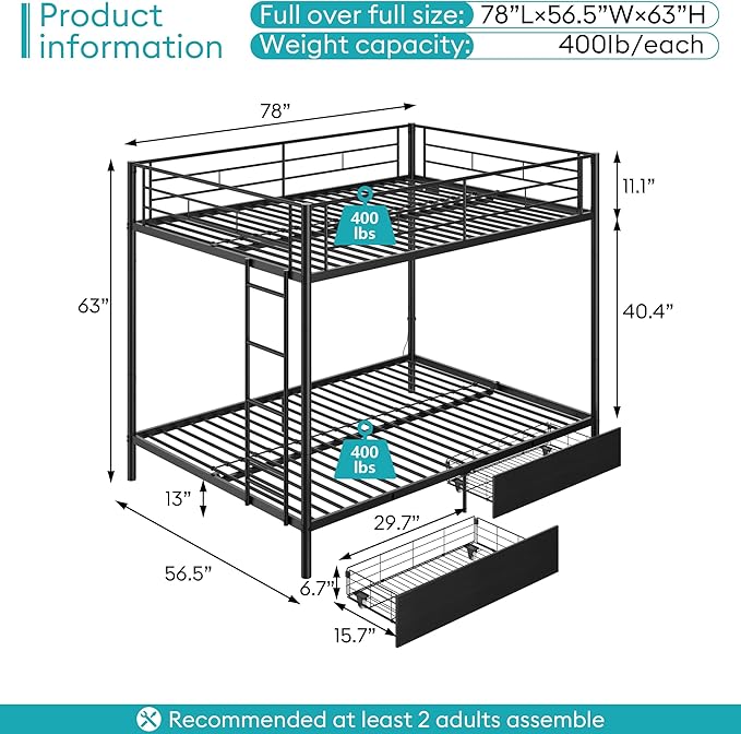 Full Over Full Metal Bunk Bed with LED Lights, USB Charging Station, 2 Drawers, Guard Rails & Ladder – No Box Spring Needed, Easy Assembly, Black