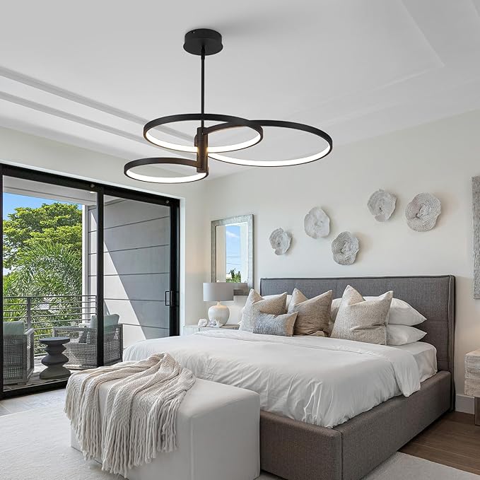 Modern LED Chandelier, 3-Ring Black Chandeliers for Dining Room Contemporary Flush Mount Chandelier Light Pendant Light Fixture for Kitchen Island Closet Living Room Bedroom