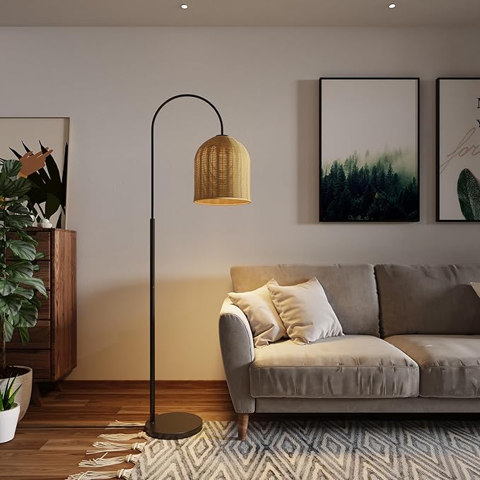 Rattan Floor Lamp, 66in. Boho Floor Lamp with Natural Brown Rattan Shade, Rustic Arc Standing Lamp for Coastal, Beach or Bohemian Style Decor (Coastal-Black)