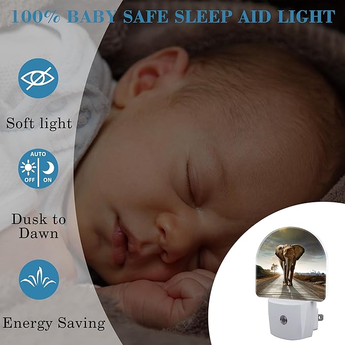 Plug in Night Lights Abstract Elephant On Road Nightlight Plug Into Wall Dusk to Dawn Sensor LED Night Light for Kid Girls Boys Women Room Decor, Hallway, Kitchen, Bathroom, Nursery, Stairs