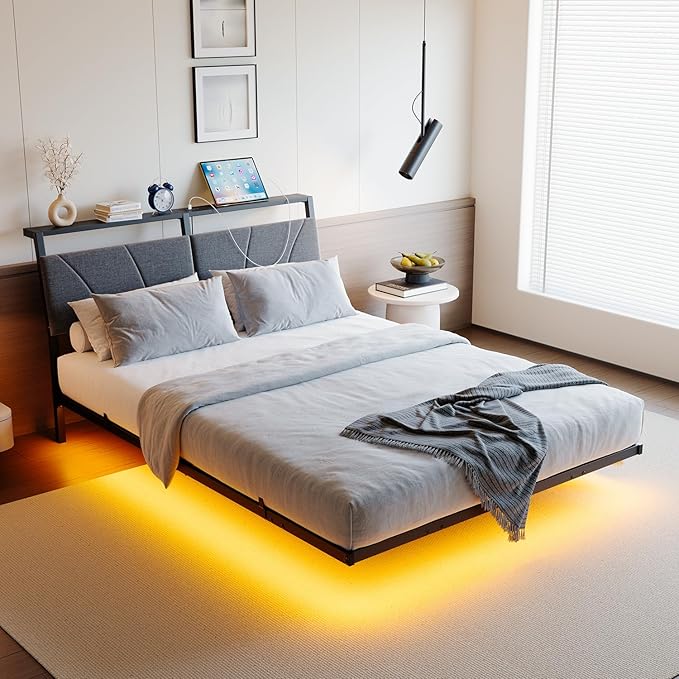 HOJINLINERO Floating Queen Bed Frame with Headboard&Storage Shelf,Ergonomic Queen Size Bed Frame with USB Charging& LED Lights,Platform Bed Frame Noise-Free Metal Slats | Modern Bedroom Design