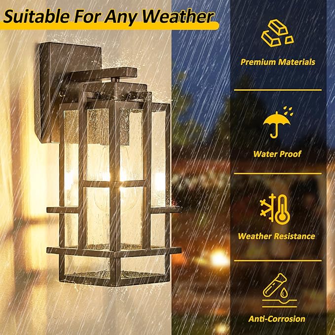 Outdoor Wall Light Fixture with Seeded Tempered Glass, Large Waterproof Outside Wall Coach Lantern with E26 Sockets, Brown Porch Sconces Lamp for House, Patio, Garage